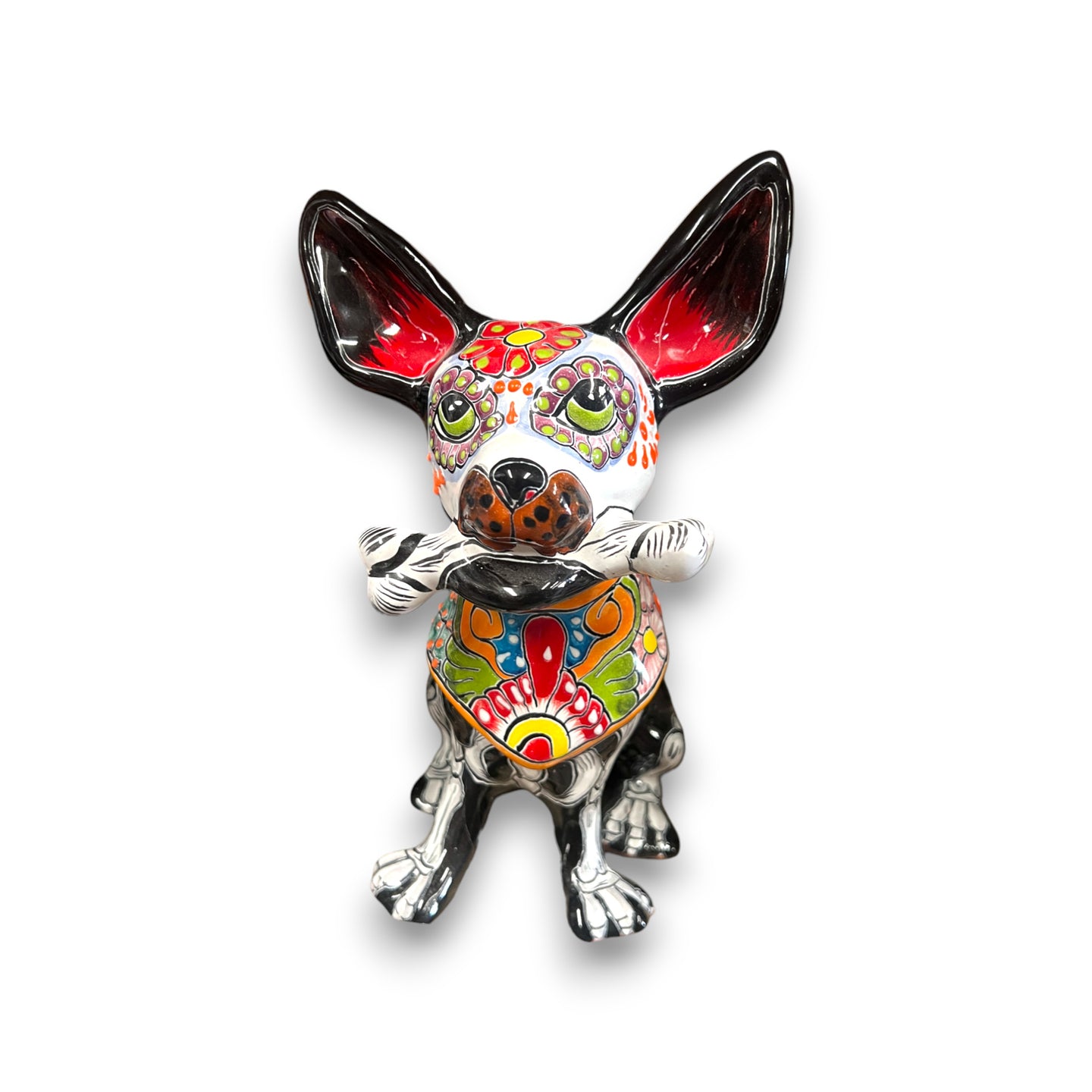 Talavera Chihuahua Holding Bone | Day of the Dead Dog Figurine